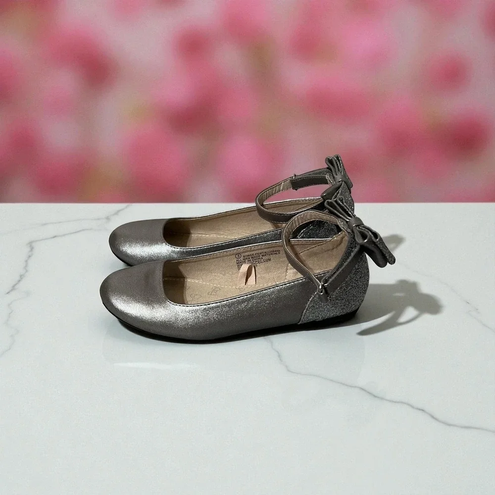 Girls Silver Glitter‎ Bow Mary Jane Flats Shoes Kids Size 3 Ballet Dress Shoes